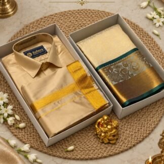 Beige & Gold Couples Combo – Saree, Veshti & Shirt