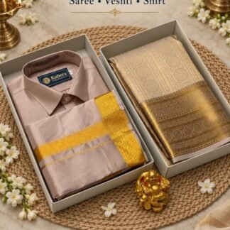 Rose Beige & Gold Couples Combo – Saree, Veshti & Shirt