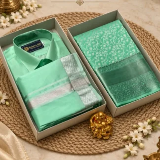 Mint Green Couples Combo – Saree, Veshti & Shirt