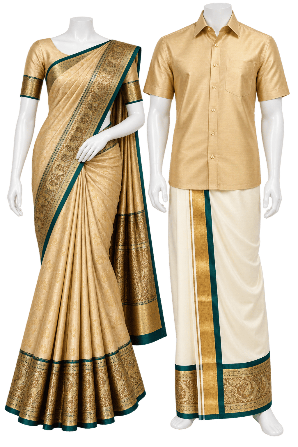 Champagne Gold & Emerald Couples Combo – Saree, Veshti & Shirt